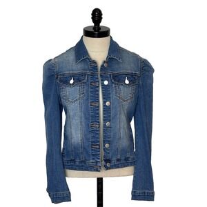 AQUA Women's Puff Sleeve Denim Long Sleeve Jean Jacket XS Blue Fitted Chic Short
